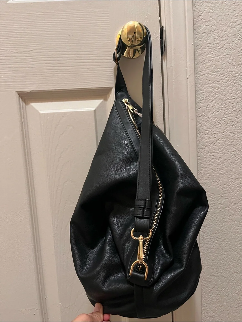 a new day Black Faux Leather Shoulder Hobo Bag with Gold Hardware
